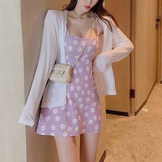 Flower Print Spaghetti Strap Dress / Knit Jacket