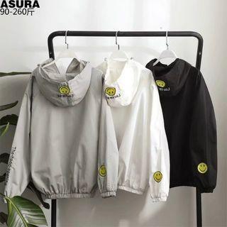 Smiley Face Embroidered Zip Hoodie