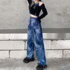 Long-sleeve Cold-shoulder Top / Tie-dyed Wide-leg Pants