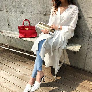 Pocket-front Long Shirtdress With Sash