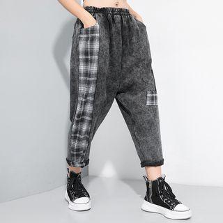 Plaid Panel Harem Jeans Black - One Size