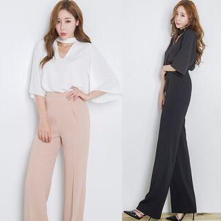 Set: Elbow-sleeve V-neck Blouse + Wide Leg Dress Pants