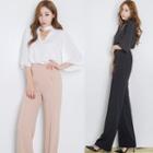 Set: Elbow-sleeve V-neck Blouse + Wide Leg Dress Pants