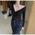 Plain V-neck Long-sleeve Slim-fit Knit Top - 2 Colors