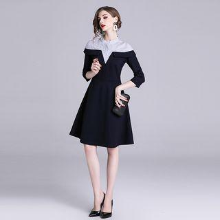 3/4-sleeve Stripe Panel A-line Dress