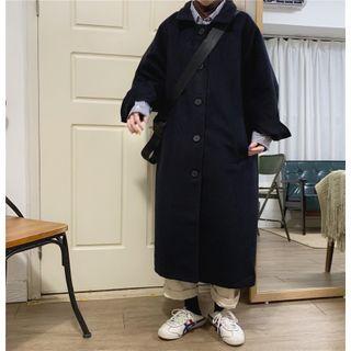 Plain Lapel Woolen Long Coat Navy Blue - One Size