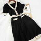 Color Block Short-sleeve A-line Knit Dress Black - One Size