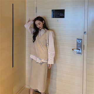 Pocket Patch Sweater Vest / Plain Shirt / Midi Back-slit H-line Skirt