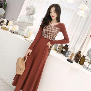 V-neck Plaid Panel Knit Dress With Belt