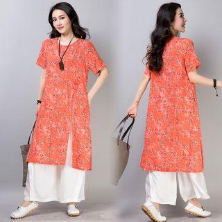 Short-sleeve Floral Print Slit-front Midi Dress