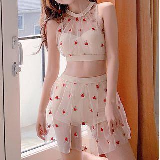 Halter-neck Floral Embroidered Tankini