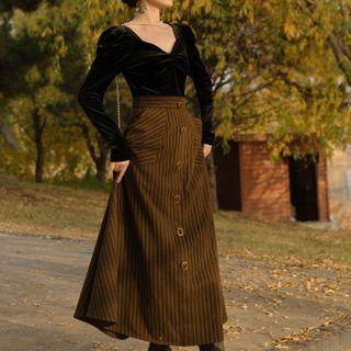 Set: Velvet Twisted Blouse + Striped Midi A-line Skirt
