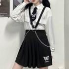Tie-neck Shirt / Chain Strap Pleated Mini A-line Skirt