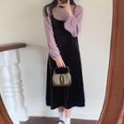 Puff Sleeve Plain Blouse / Spaghetti Strap Velvet Dress