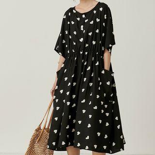 Heart Print Elbow-sleeve Midi Chiffon Dress Black - One Size