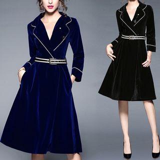 Contrast Trim Notch Lapel Long Sleeve Velvet Midi Dress