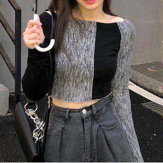 Long-sleeve Two-tone T-shirt Black & White - One Size