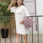 Set: Elbow-sleeve Lettering Long T-shirt + Plaid Midi Skirt