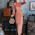 Long-sleeve Beaded Qipao Dress