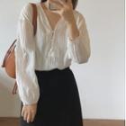 Long-sleeve V-neck Plain Lace Trim Chiffon Loose Fit Blouse