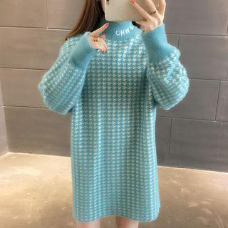 Mock-neck Letter Embroidered Long-sleeve Knit Dress