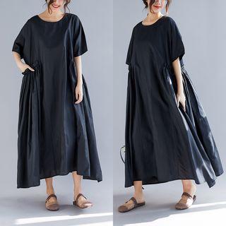 Elbow-sleeve Plain Midi Dress Black - One Size