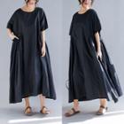 Elbow-sleeve Plain Midi Dress Black - One Size