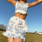 Set: Print Lace Trim Corset Top + Mini Skirt