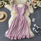 Cat Print Short-sleeve Square-neck Midi A-line Dress Pink - One Size