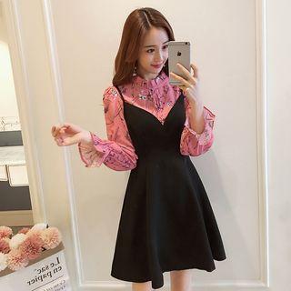 Set: Floral Blouse + V-neck Spaghetti Strap Dress