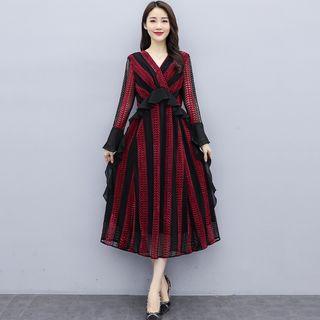 Striped Ruffle Long-sleeve Midi A-line Dress
