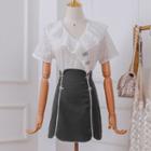 Set: Lace Short-sleeve Blouse + High-waist Mini A-line Skirt