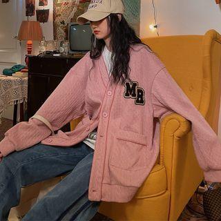 Lettering Embroidered V-neck Button Jacket