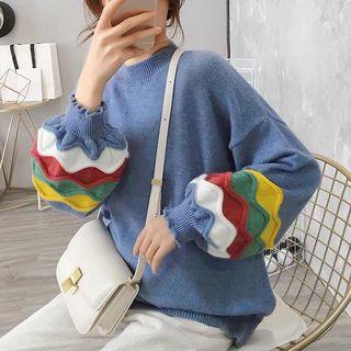 Color Panel Puff-sleeve Sweater