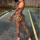 Set: Long-sleeve Off-shoulder Leopard Print Tie-waist Crop Top + Leggings