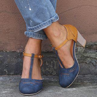 Faux Leather T-bar Block Heel Pumps