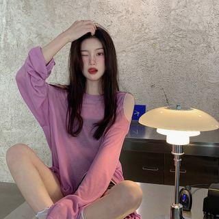 Long-sleeve Cold Shoulder Contrast Stitch Top
