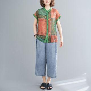 Print Stand-collar Short-sleeve Shirt