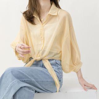 3/4-sleeve Plain Tie-hem Blouse