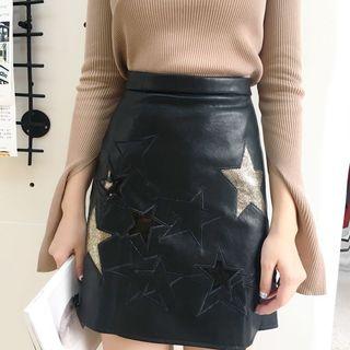 Star Applique Faux Leather Mini Skirt