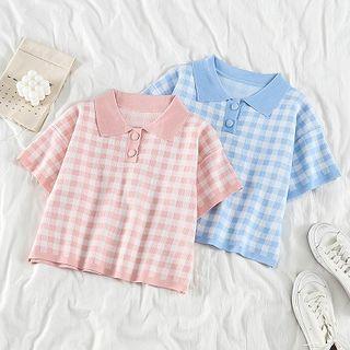 Plaid Short-sleeve Polo Knit Top