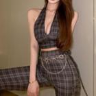 Halter-neck Plaid Cropped Camisole Top / Straight Leg Pants / Chain