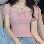 Plain Square-neck Short-sleeve Slim-fit Top
