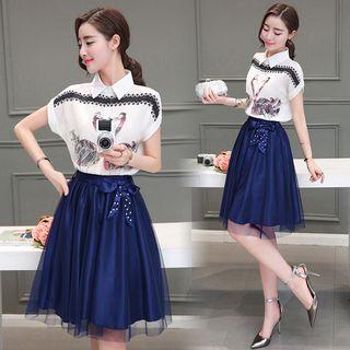 Set: Short-sleeve Printed Blouse + A-line Skirt