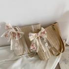 Floral Embroidered Bow Woven Tote Bag