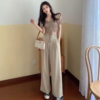 Flower Print Off-shoulder Blouse / Cropped Wide-leg Pants