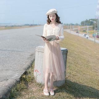 Set: Sleeveless Midi Mesh Dress + Perforated Knit Top