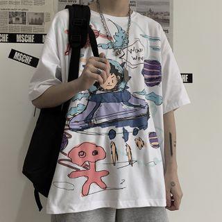 Couple Matching Elbow-sleeve Graffiti Print T-shirt