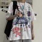 Couple Matching Elbow-sleeve Graffiti Print T-shirt