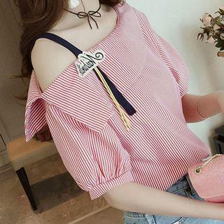 Striped Short-sleeve Asymmetrical Top